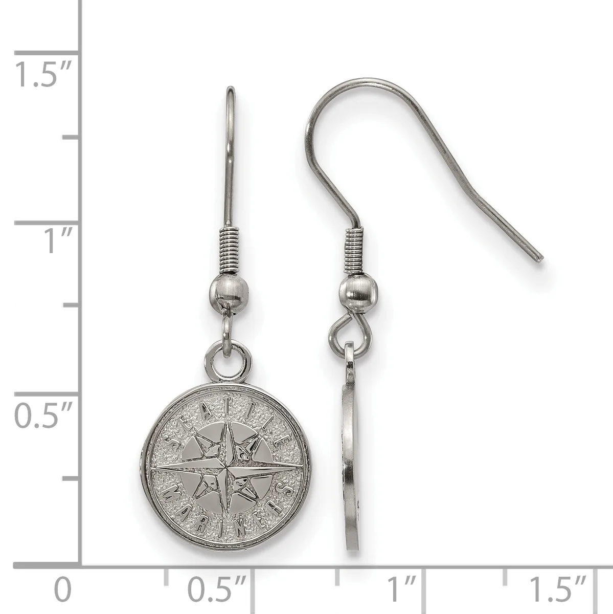Two silver-toned dangle earrings with compass rose medallions and matching ear wires, displayed against a measurement ruler showing approximately 1.5 inches in length.