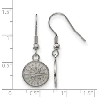 Two silver-toned dangle earrings with compass rose medallions and matching ear wires, displayed against a measurement ruler showing approximately 1.5 inches in length.