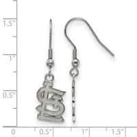 Pair of silver-toned earrings with fish hook wires, one featuring a dangling number five charm and the other a plain bar, displayed against a ruler showing measurements up to 1.5 inches.
