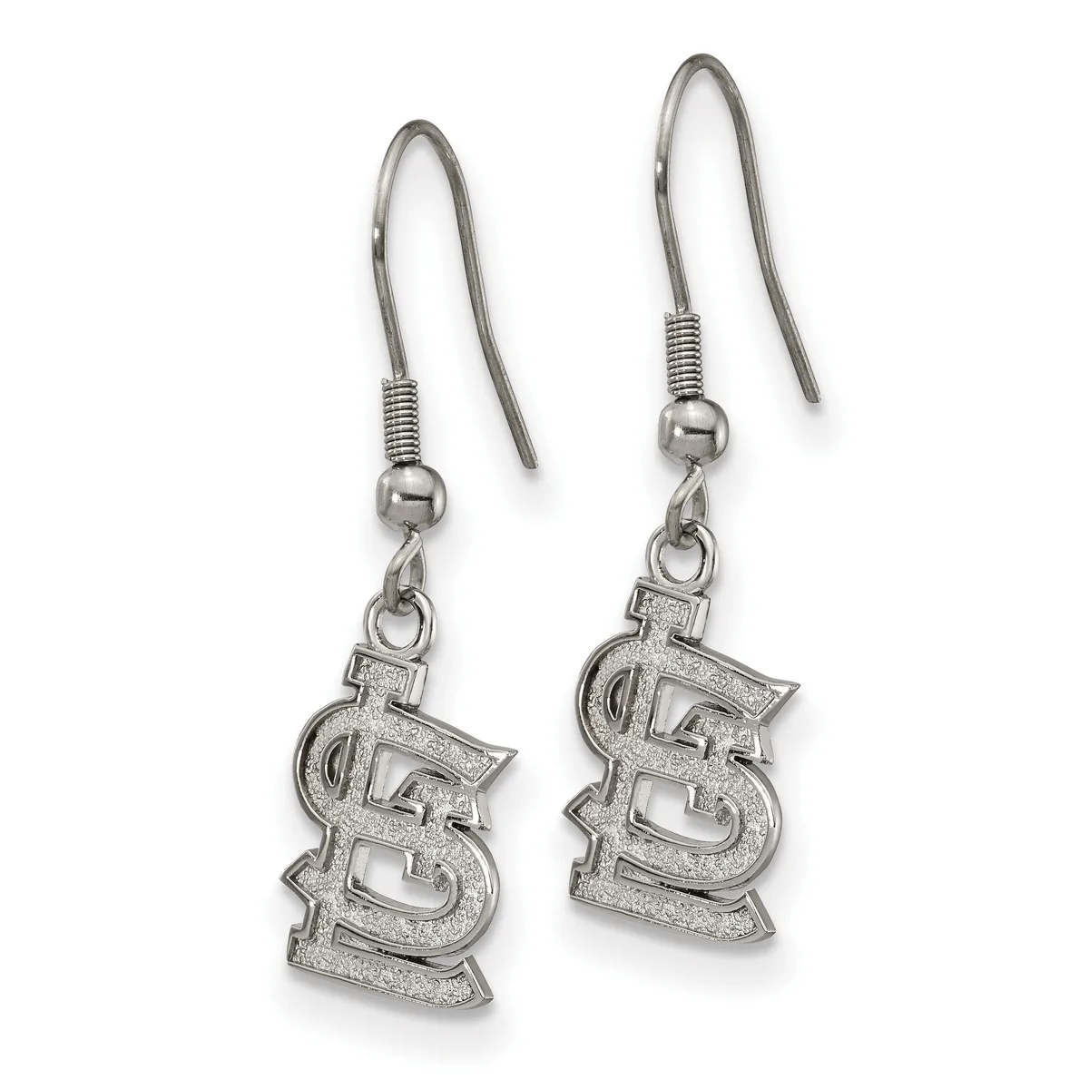 Pair of silver-toned fish-hook earrings with textured rectangular pendants hanging from ball-and-coil connectors.