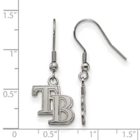 A pair of silver-toned dangle earrings with fish hook wires featuring a stylized "TB" charm, shown against a measurement scale indicating approximately 1.5 inches in length.