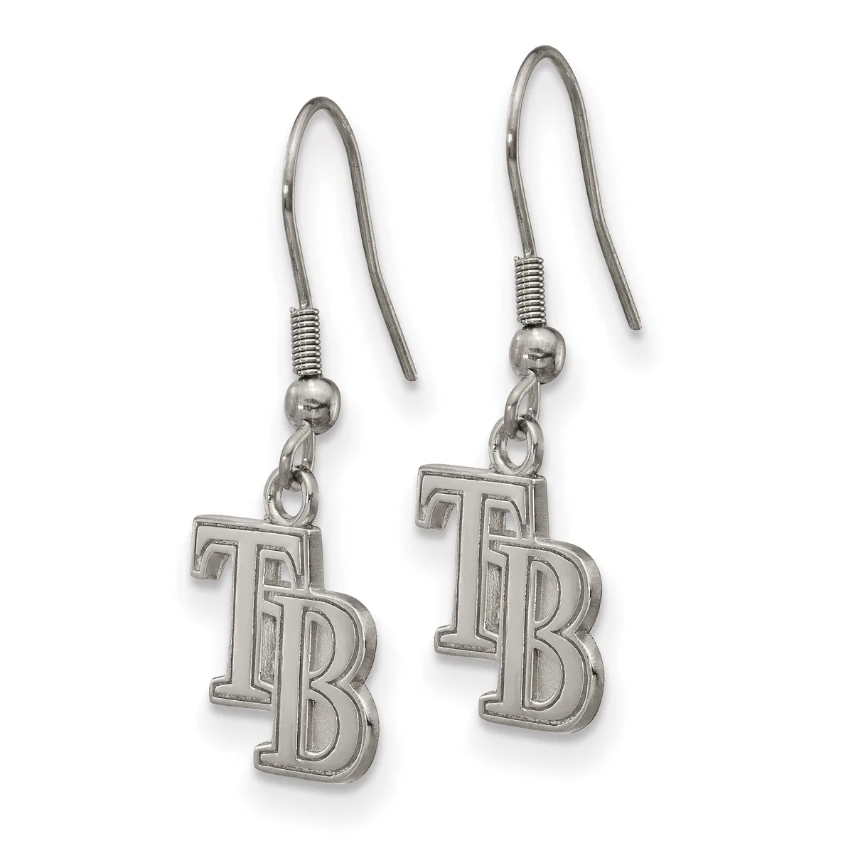 Pair of silver-toned earrings with fish hook wires, each featuring a dangling TB monogram charm with a small stamped hallmark.