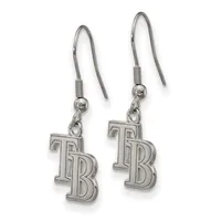 Pair of silver-toned earrings with fish hook wires, each featuring a dangling TB monogram charm with a small stamped hallmark.