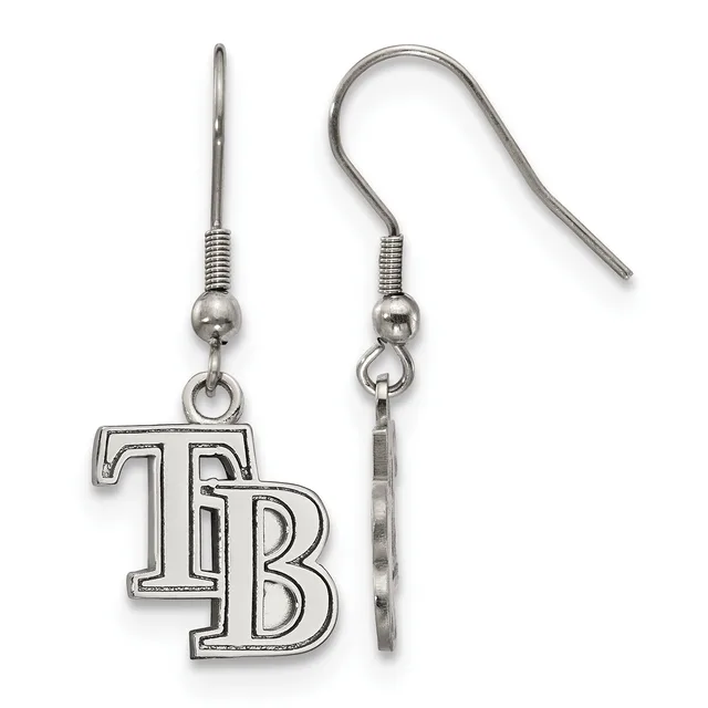 A pair of silver-toned earrings with fish hook wires, each featuring a dangling charm shaped like interlocking letters TB with an outlined design.