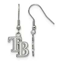 A pair of silver-toned earrings with fish hook wires, each featuring a dangling charm shaped like interlocking letters TB with an outlined design.