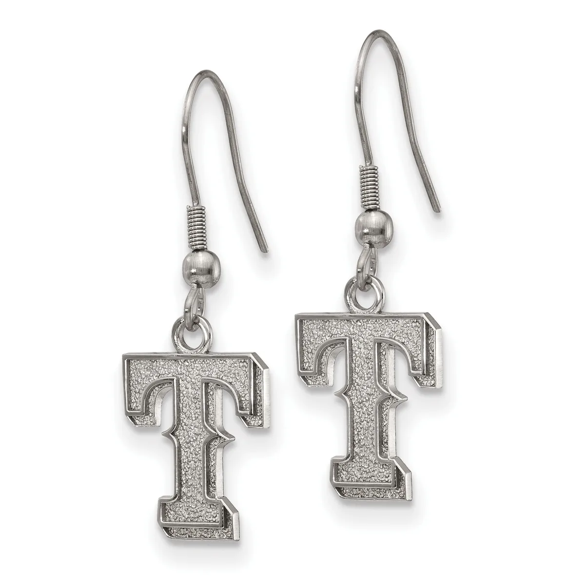 A pair of silver-tone fishhook earrings with textured "T" shaped pendants hanging from beaded posts.