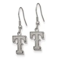 A pair of silver-tone fishhook earrings with textured "T" shaped pendants hanging from beaded posts.