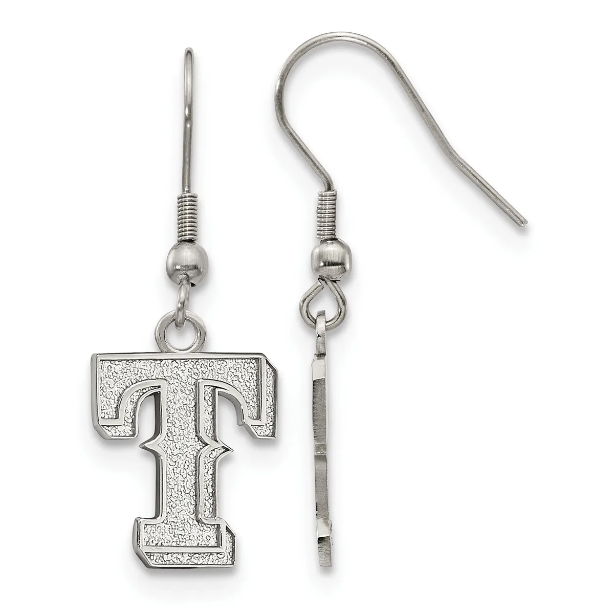 A pair of silver-toned dangle earrings with hook-and-ball posts, each featuring a large capital letter T pendant with a textured finish.