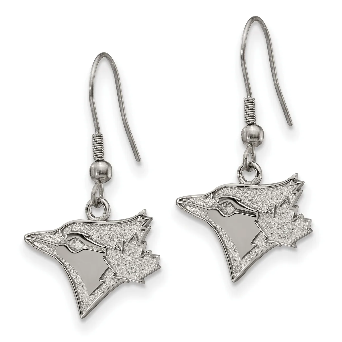 Pair of silver-toned fish-shaped earrings with maple leaf accents, hanging from hook-style wires with bead caps.