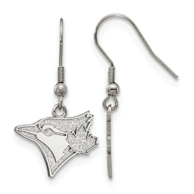 A pair of silver-toned fish-shaped earrings with maple leaf details, displayed with one earring showing the front charm and the other showing the back of the hook wire.