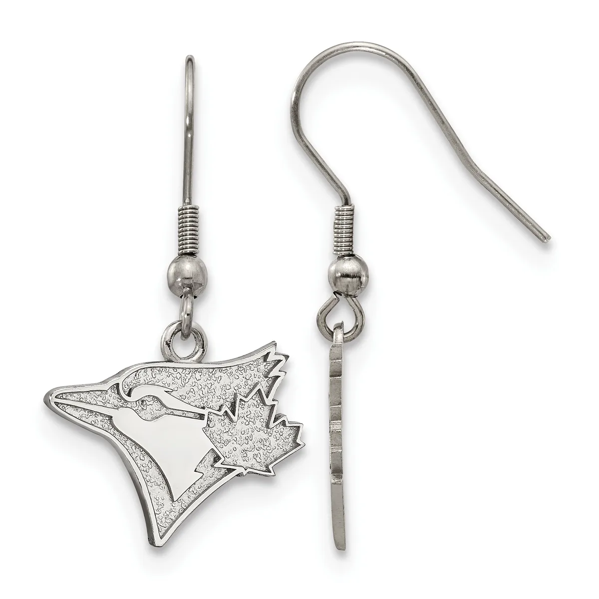A pair of silver-toned fish-shaped earrings with maple leaf details, displayed with one earring showing the front charm and the other showing the back of the hook wire.