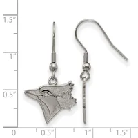 Pair of silver-colored dangle earrings with bird head charms next to a measurement ruler showing the earrings are approximately one inch long.