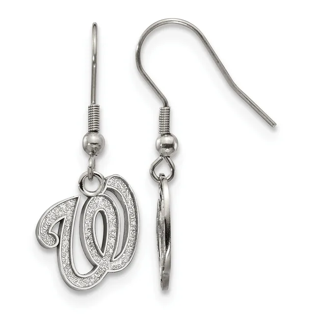 A pair of silver dangle earrings with hook wires, each featuring a decorative number 30 charm with glittering surface detail, shown from front and back views.