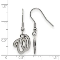 A pair of silver-toned dangle earrings with decorative number 40 charms, displayed against a measurement scale showing approximately 1 inch in length.