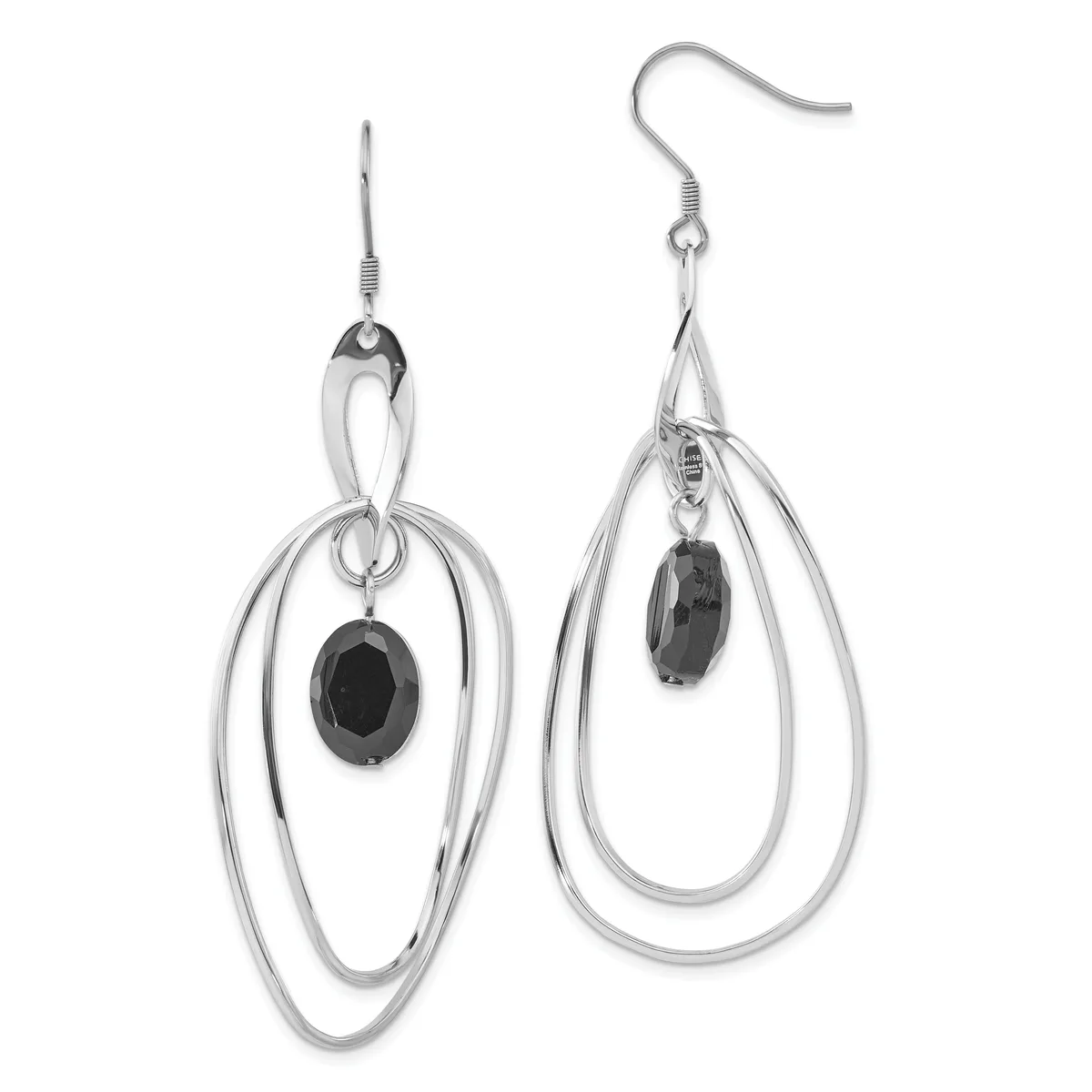 Pair of silver-tone dangle earrings with concentric oval loops and small black oval stone pendants, shown against a white background.