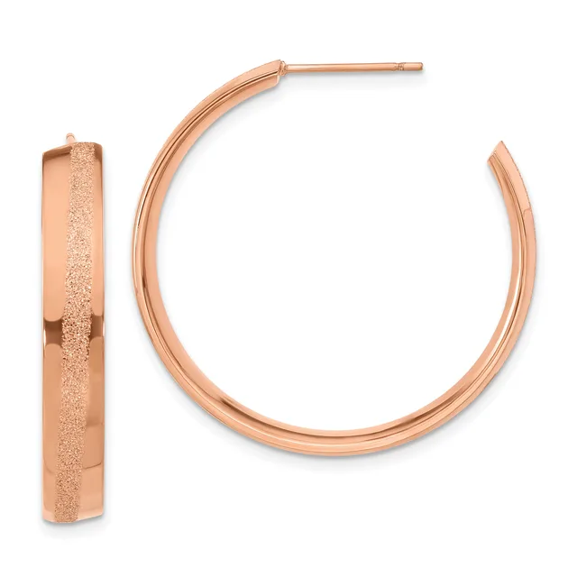 Rose gold textured hoop earrings with post backs displayed against a white background, shown from the front and side.