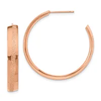 Rose gold textured hoop earrings with post backs displayed against a white background, shown from the front and side.