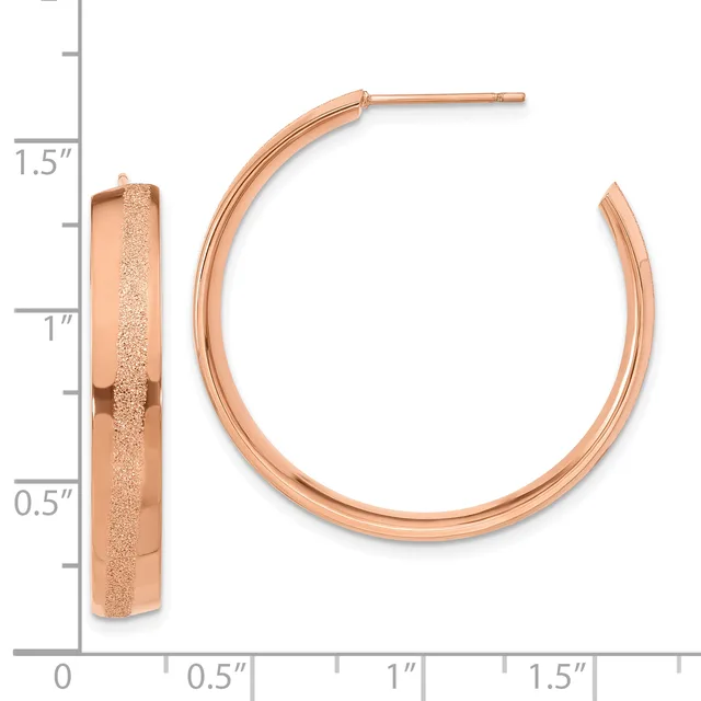 Rose gold hoop earrings with a frosted textured finish on the outer surface, shown front and side view against a measurement scale.