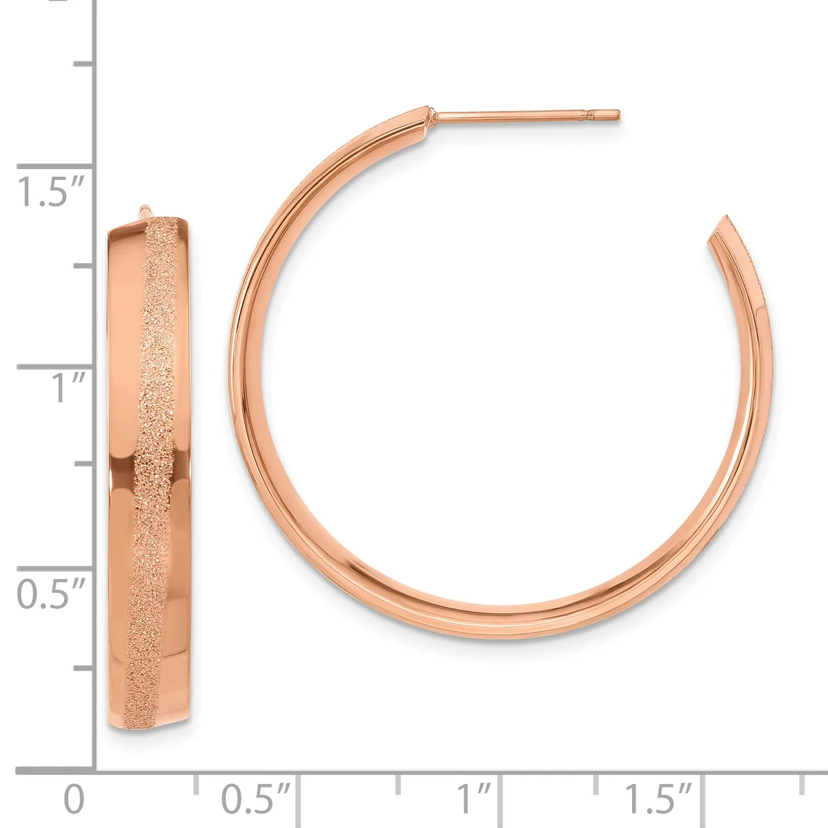 Rose gold hoop earrings with a frosted textured finish on the outer surface, shown front and side view against a measurement scale.