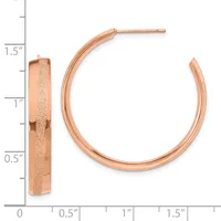 Rose gold hoop earrings with a frosted textured finish on the outer surface, shown front and side view against a measurement scale.