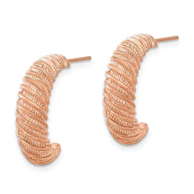 Pair of rose gold textured curved tube earrings with post backs, displayed against a white background.