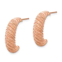 Pair of rose gold textured curved tube earrings with post backs, displayed against a white background.