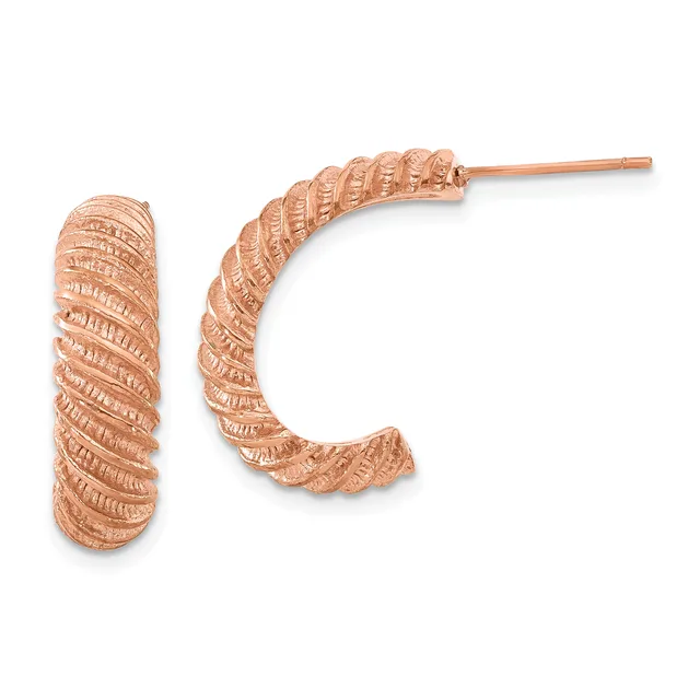 Pair of rose gold textured hoop earrings with a ridged surface pattern, shown against a white background.
