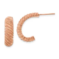 Pair of rose gold textured hoop earrings with a ridged surface pattern, shown against a white background.