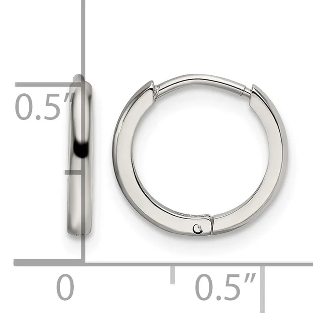 Polished silver-toned hinged hoop earrings shown from front and side views with measurement scale indicating approximately 0.5 inch diameter.