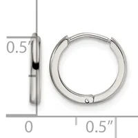 Polished silver-toned hinged hoop earrings shown from front and side views with measurement scale indicating approximately 0.5 inch diameter.