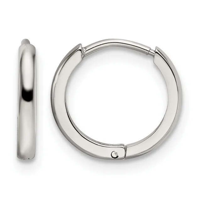 Pair of polished silver-toned hinged hoop earrings shown from the front and side views.