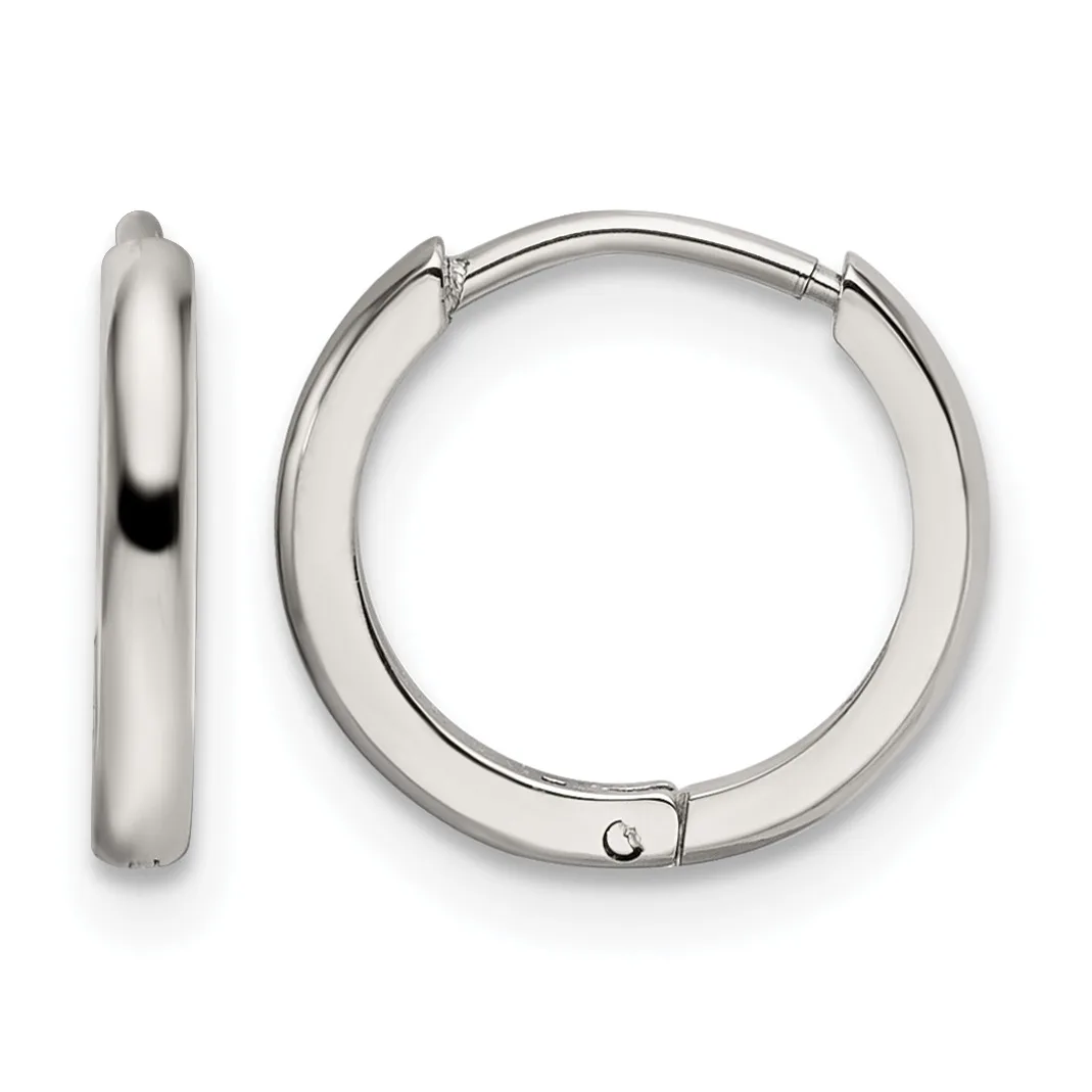 Pair of polished silver-toned hinged hoop earrings shown from the front and side views.