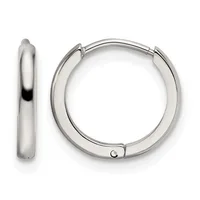 Pair of polished silver-toned hinged hoop earrings shown from the front and side views.