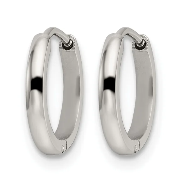 A pair of polished silver hoop earrings with a chunky, rounded profile and hinged closures, shown from the front.
