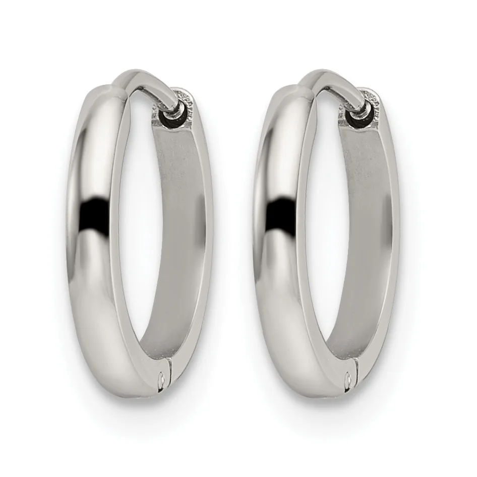 A pair of polished silver hoop earrings with a chunky, rounded profile and hinged closures, shown from the front.