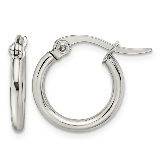 Pair of polished silver-toned hoop earrings with a thick tubular design and hinged closure posts, displayed from front and side angles.
