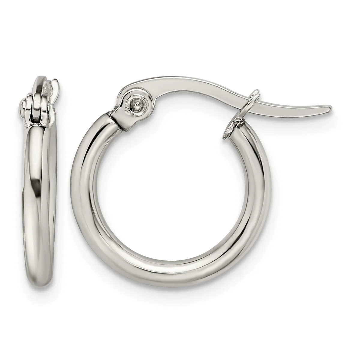 Pair of polished silver-toned hoop earrings with a thick tubular design and hinged closure posts, displayed from front and side angles.