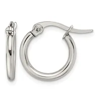 Pair of polished silver-toned hoop earrings with a thick tubular design and hinged closure posts, displayed from front and side angles.