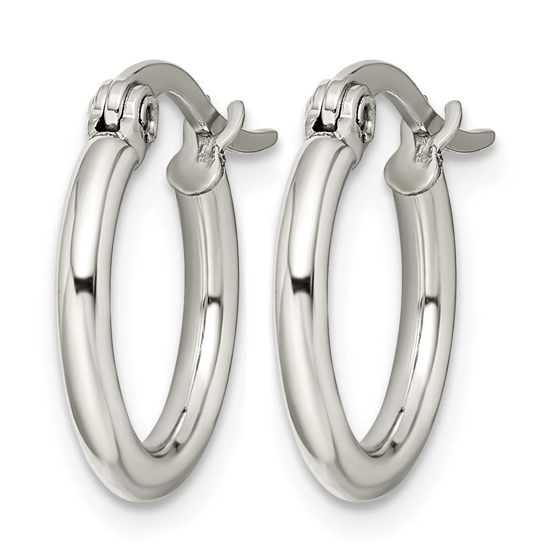 A pair of polished silver-toned hoop earrings with thick tubular bodies and hinged clasp closures, shown from the front.