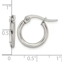 A pair of polished silver-toned hoop earrings with hinged closures, displayed front and side view with measurement scale showing approximately one inch diameter and half inch thickness.