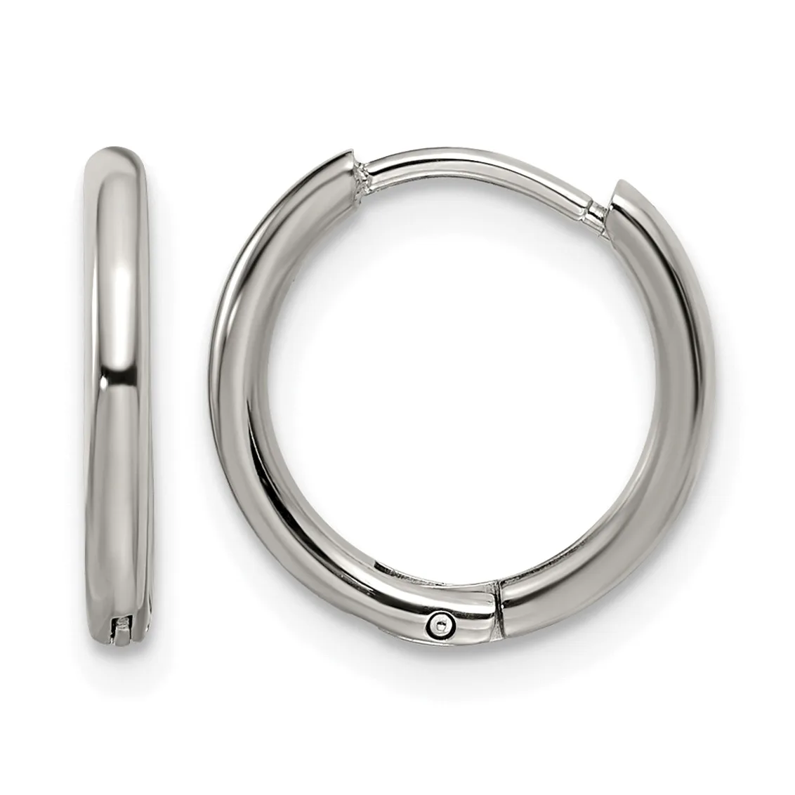 A pair of polished silver-toned hoop earrings displayed side by side, showing the front and side profile of the chunky, rounded tubular design with hinged closures.
