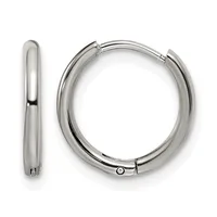 A pair of polished silver-toned hoop earrings displayed side by side, showing the front and side profile of the chunky, rounded tubular design with hinged closures.