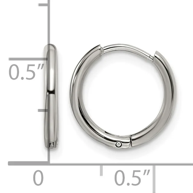 A pair of polished silver-toned chunky hoop earrings with a hinged closure, shown from front and side views with measurement scale indicating 0.5 inch diameter.