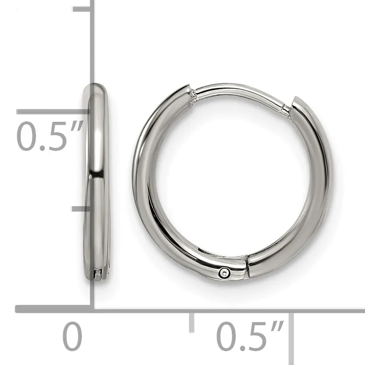 A pair of polished silver-toned chunky hoop earrings with a hinged closure, shown from front and side views with measurement scale indicating 0.5 inch diameter.