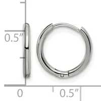 A pair of polished silver-toned chunky hoop earrings with a hinged closure, shown from front and side views with measurement scale indicating 0.5 inch diameter.