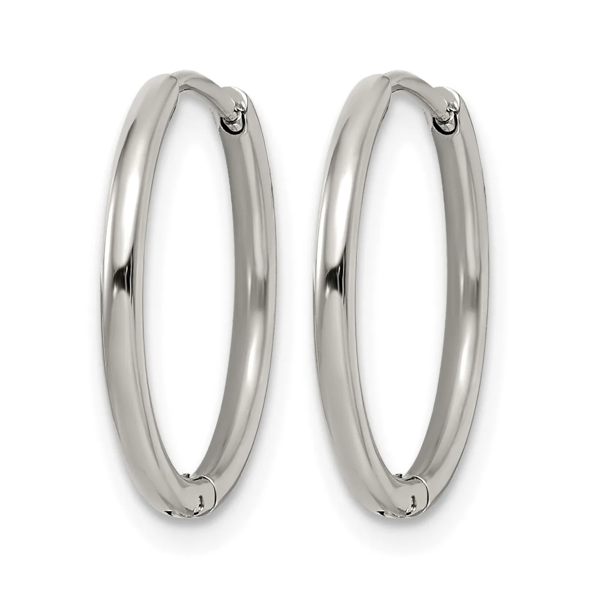 A pair of polished silver-toned hoop earrings with a chunky oval shape and hinged closure posts, displayed side by side against a white background.