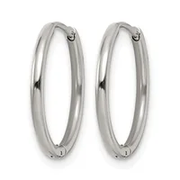 A pair of polished silver-toned hoop earrings with a chunky oval shape and hinged closure posts, displayed side by side against a white background.
