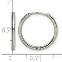 Silver-toned hinged hoop earrings shown from front and side view with measurement scale indicating approximately one inch in diameter and half inch in thickness.