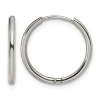 A pair of polished silver-toned hoop earrings with a thick, rounded profile and hinged closures, shown from front and side views.