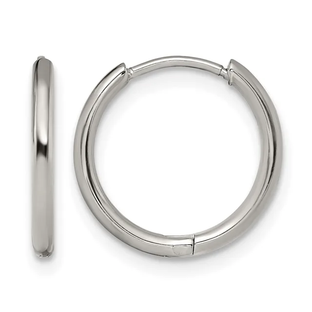 Pair of polished silver-toned chunky hoop earrings shown from front and side angles against a white background.